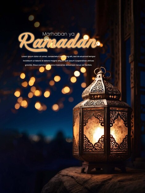 PSD ramadhan kareem poster arabic lantern on table with moon and clouds night sky background