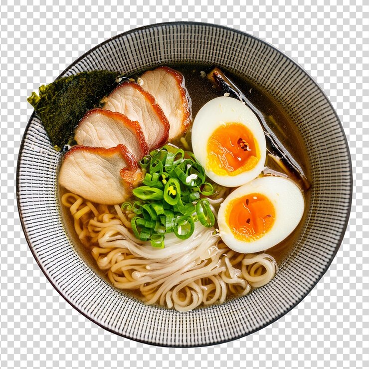 Ramen bowl with egg and many vegetables on transparent background