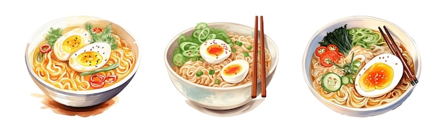PSD ramen noodles set noodle giapponesi con illustrazione vettoriale di uova e verdure