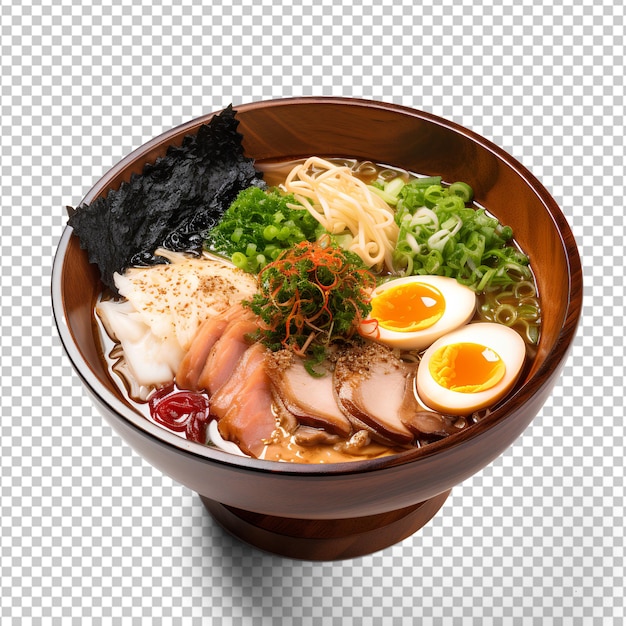 PSD 孤立した背景にチキンヌードルほうれん草と柔らかい卵が入ったラーメンスープ