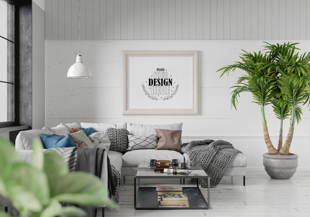 Ramka plakatowa w salonie Psd Mockup