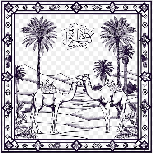Ramka Pustynnego Krajobrazu Z Wielbłądami I Oazą Bliski Wschód Mozaika Cnc Wycięte Obrys Tatuaż