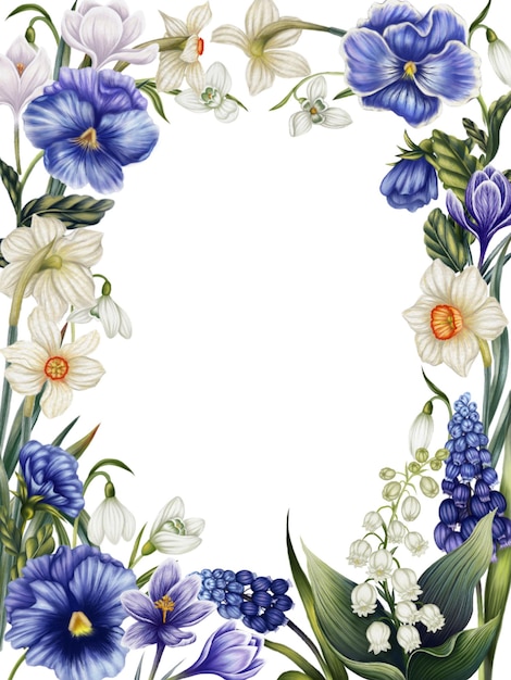 Ramka z wiosennymi kwiatami akwarelowy pansy śnieżki lilia doliny muscari narcyzy
