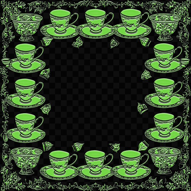 PSD ramka z zielonymi kubkami herbaty i talerzami