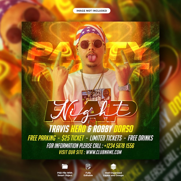 Rap song night party flyer and social media event banner template