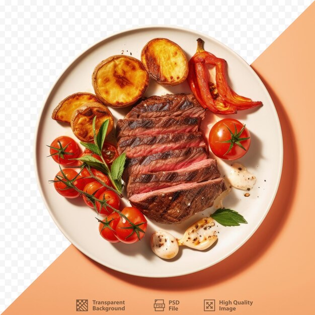 PSD rare grilled beef steak with pepper and tomato on transparent background