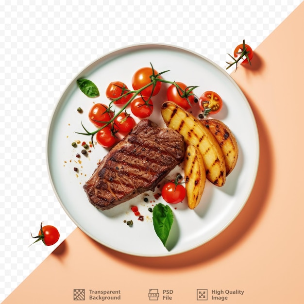 PSD rare grilled beef steak with pepper and tomato on transparent background