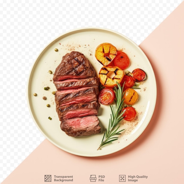 Rare grilled beef steak with pepper and tomato on transparent background