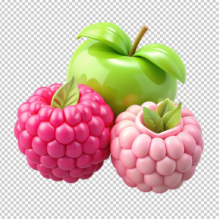 PSD raspberries and apples isolated on transparent background