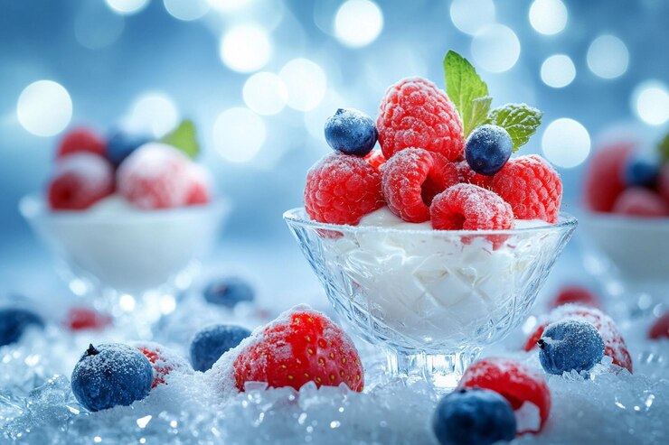 PSD raspberries blueberries and strawberries in whipped cream served in glass bowls on ice