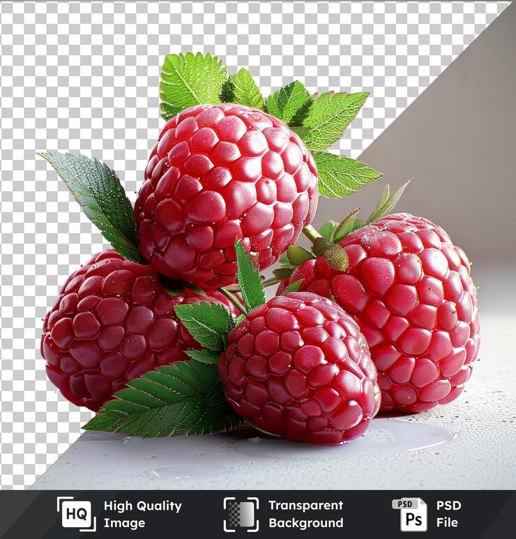 PSD raspberries and green leaves on a transparent background against a gray and white wall