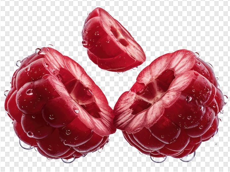 PSD raspberries with water drops on a transparent background