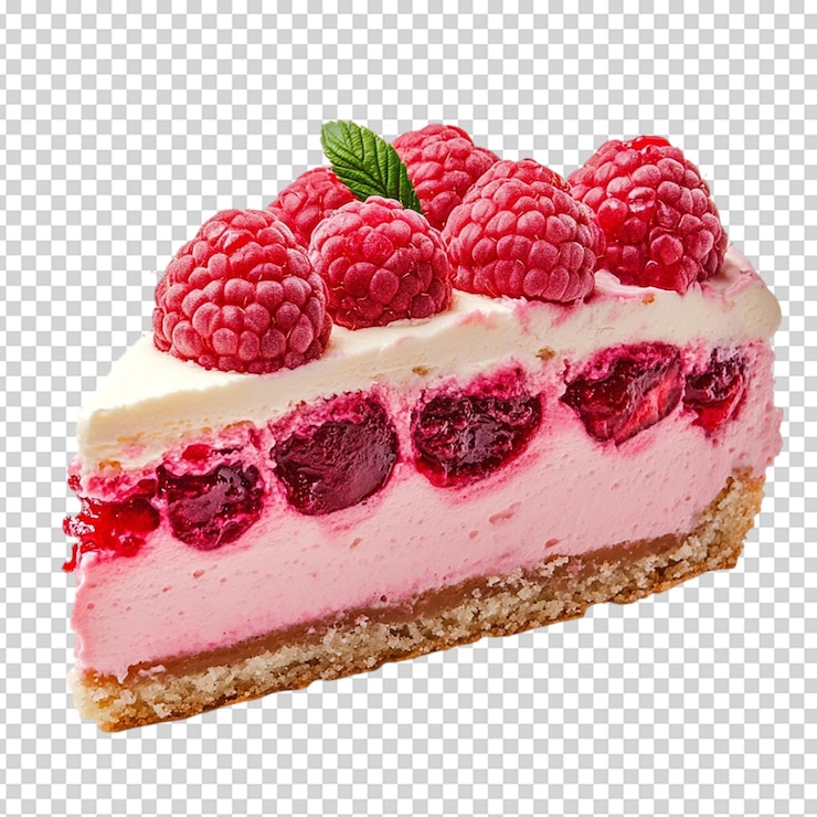 PSD raspberry cream cake slice on a plate isolated on white background