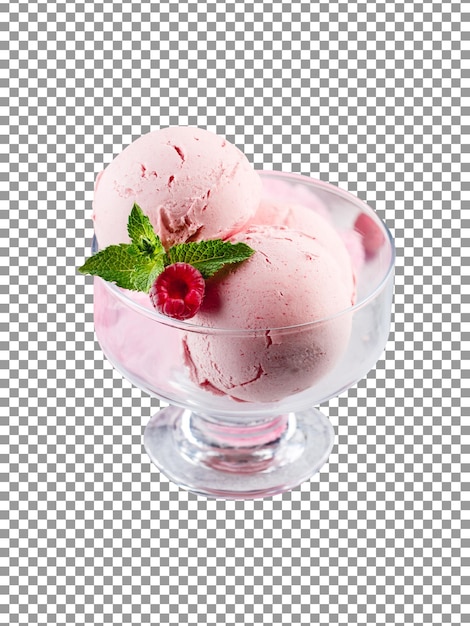 Raspberry ice cream scoop in a glass bowl isolated on transparent background