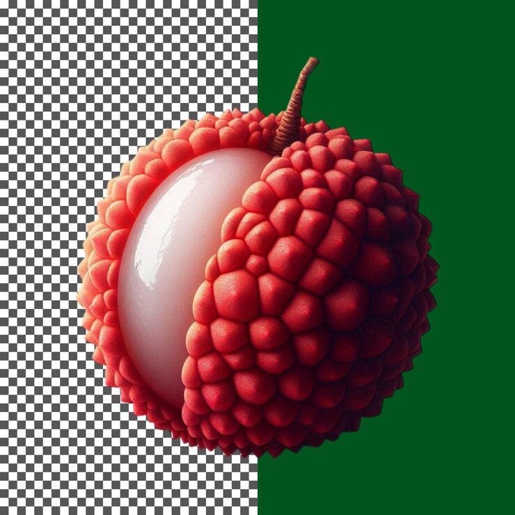 PSD a raspberry macro shot of lychee fruit with seed and textured skin on transparent background png