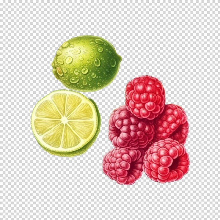 PSD raspberry with leaves isolated on white background