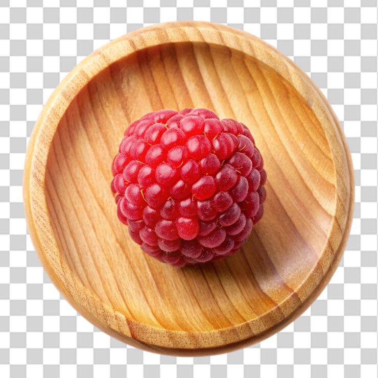 PSD raspberry on wooden plate top view isolated on transparent background