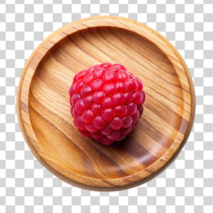 PSD raspberry on wooden plate top view isolated on transparent background
