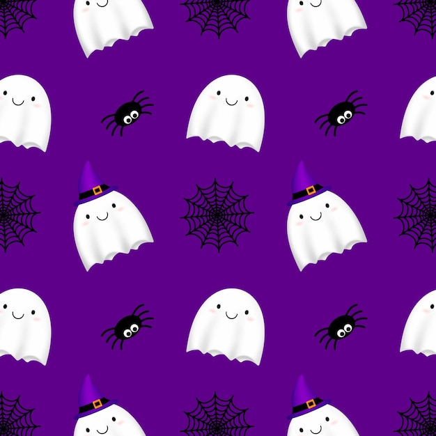 Raster Halloween z duchami, pająkami i pająkami na fioletowym tle