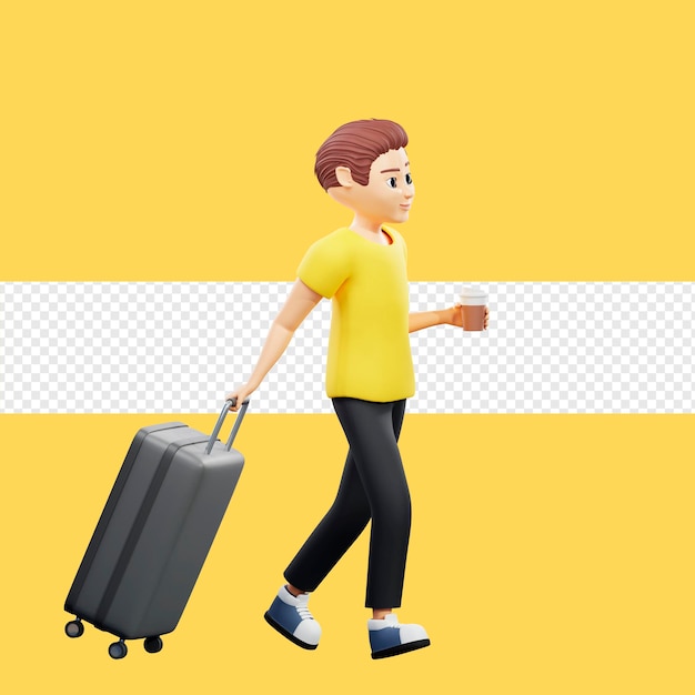 Raster illustration of man comes with a black suitcase Young guy in a yellow tshirt walks with a bag a case and drinks coffee from a cardboard cup 3d rendering artwork for business and advertising