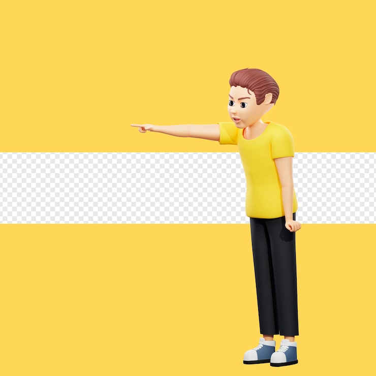 PSD raster illustration of man get angry and scold young guy in a yellow tshirt screams and points a finger at the exit swears gets angry 3d rendering artwork for business and advertising