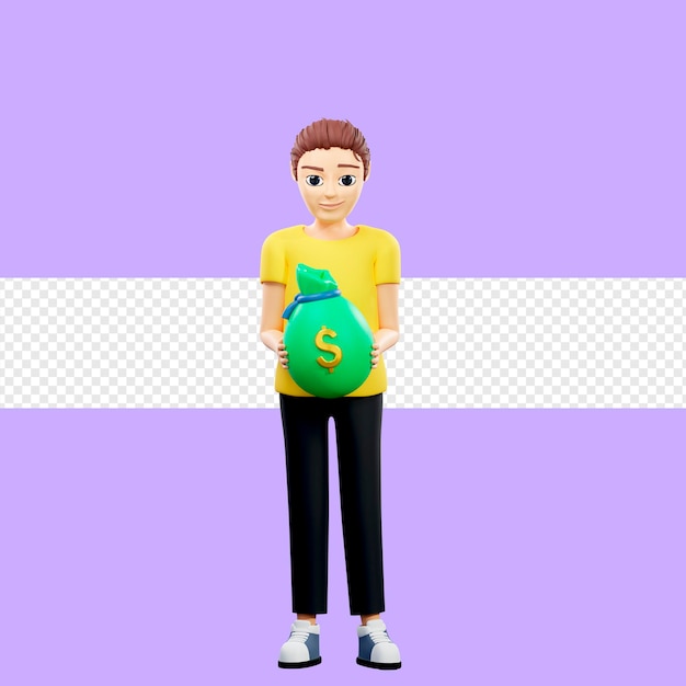 Raster illustration of man holding a bag of gold Earns money receives salary invests in cryptocurrency deposits bank payment dollar coin 3d rendering artwork for business and advertising
