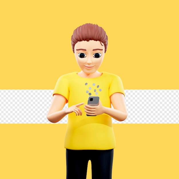 Raster illustration of man holding a phone with coin Young guy in a yellow tshirt earns money via phone internet banking marketer targeted advertising social networks freelance 3d rendering