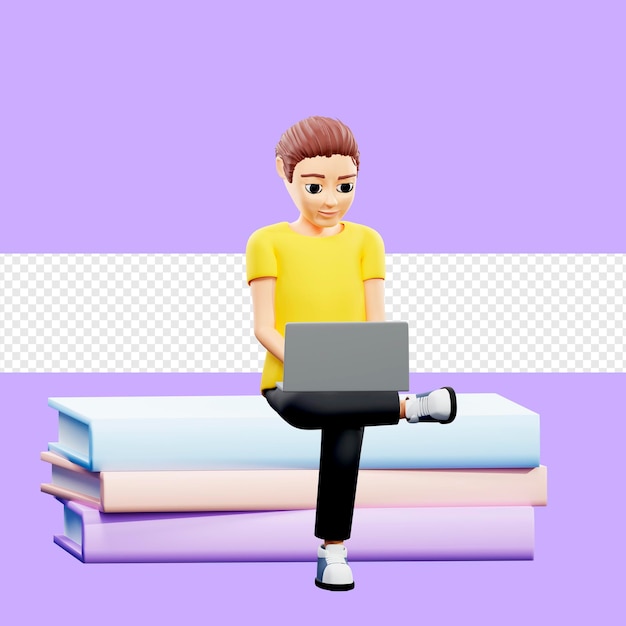 Растровая иллюстрация мужчины сидит на стопке книг и работает на ноутбуке Молодой парень в желтой футболке читает литературное образование, электронная книга дистанционного обучения 3d-рендеринг иллюстраций для бизнеса