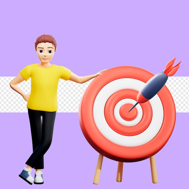 Raster illustration of man leaning on darts with an arrow in the center young guy in a yellow tshirt business thinking aim shooting contextual advertising target audience marketer 3d artwork