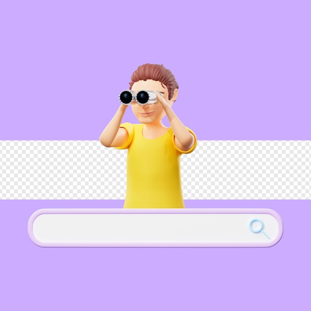 Raster illustration of man looking through binoculars Young guy in a yellow tshirt search in the browser surf the Internet social networks incognito tab search engine 3d rendering artwork