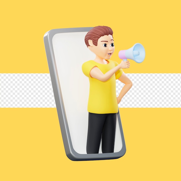 PSD raster illustration of man peeking out of the phone and speaks in loudspeaker young guy in a yellow tshirt loquitur through microphone direct speech share tell friends repost button 3d artwork