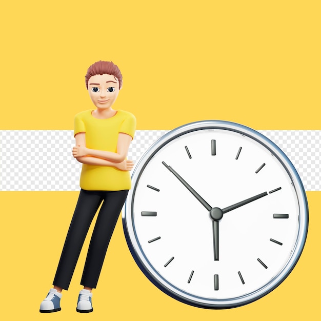 Raster illustration of man propped up watch Young guy in a yellow tshirt looks at wrist watch time wall clock time management hour minute second Punctuality concept 3d render artwork