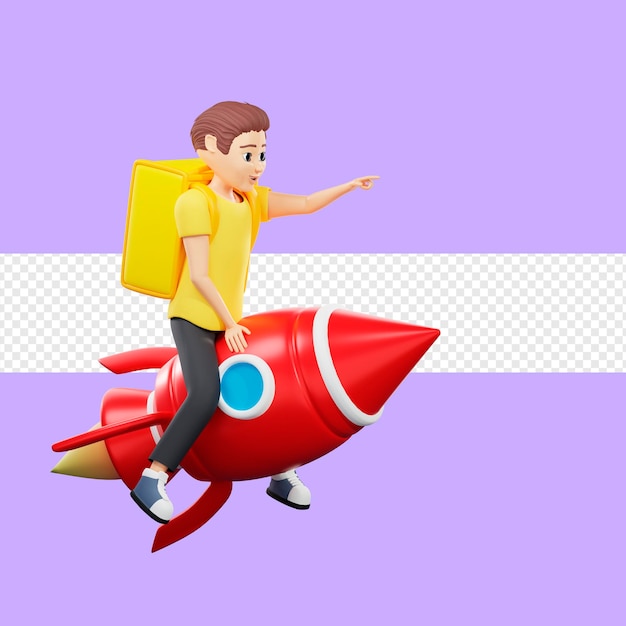 Raster illustration of man sitting on a rocket Young guy in a yellow tshirt with bag flies up delivery food courier carrier messenger 3d rendering artwork for business and advertising