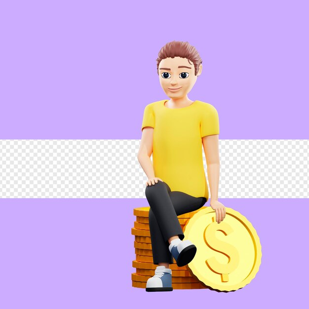 Raster illustration of man sitting on a stack of coins Young guy in a yellow tshirt earns money receives salary invests in cryptocurrency deposits profit 3d render artwork for business