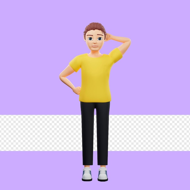 Raster illustration of man thinking about the problem a young guy in a yellow t shirt thought oil idea direct speech ignorance plan problem solving 3d rendering artwork for business