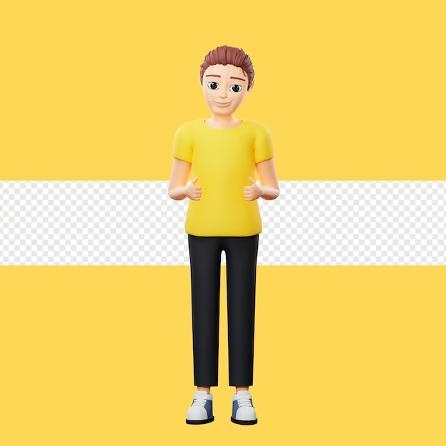 PSD raster illustration of man thumbs up young guy in a yellow tshirt shows a sign cool good feedback feedback approval gesture language trump up 3d rendering artwork for business