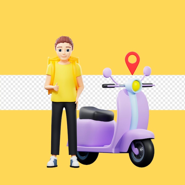 Raster illustration of man with a backpack stay near scooter and thumb up young guy in a yellow tshirt delivers a parcel pointer location destination distance 3d rendering artwork for business