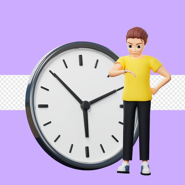 Raster illustration of man with clock Young guy in a yellow tshirt looks at wrist watch time wall clock time management hour minute second Punctuality concept 3d render artwork for business