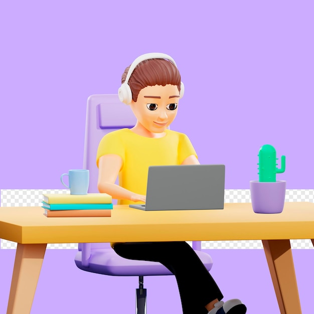 Растровая иллюстрация человека, работающего за столом в офисе Молодой парень в желтой футболке сидит на стуле в наушниках с ноутбуком и горячим напитком в кружке кактуса 3d-рендеринг