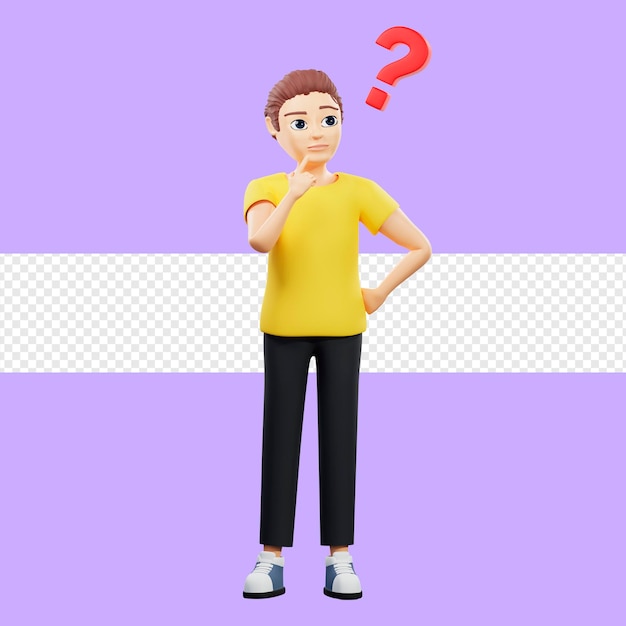 raster illustration of man thinking about the problemwith a red question mark a young guy in a yellow t shirt thought idea ignorance plan problem solving 3d rendering artwork for business