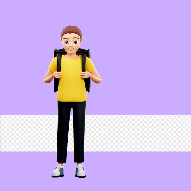 raster illustration of man with a backpack on his back young guy in a yellow tshirt goes to school delivers parcels postman loader 3d rendering artwork for business and advertising