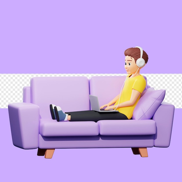 Rasterillustratie van de mens ligt op de bank en klikt op de laptop Jonge man in een gele t-shirt luistert naar muziek in een koptelefoon surft op internet zit in sociale netwerken 3D-rendering illustraties