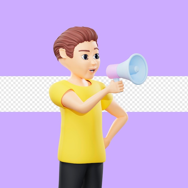 Rasterillustratie van de mens spreekt in de luidsprekerJonge man in een gele t-shirt loquitur via een microfoon directe toespraak delen vertel vrienden repost-knop 3D-rendering illustraties voor het bedrijfsleven