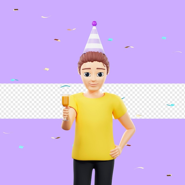 PSD rasterillustratie van de mens viert een vakantie met een glas in de hand jonge man in een gele t-shirt en een feestelijke hoed shot champagne toast alcohol 3d rendering artwork voor het bedrijfsleven