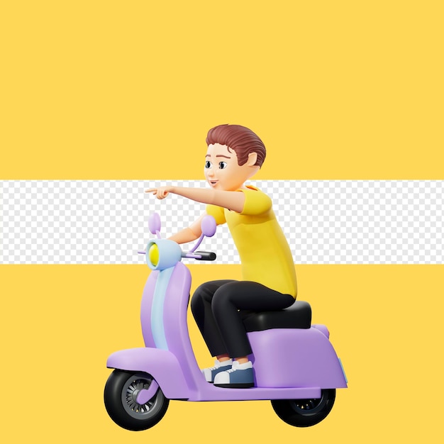 Rasterillustratie van een man die op een scooter rijdt en naar voren wijst jonge man in een gele t-shirt rijdt op een motorfiets levering transportsnelheid verkeersregels 3d rendering artwork voor het bedrijfsleven