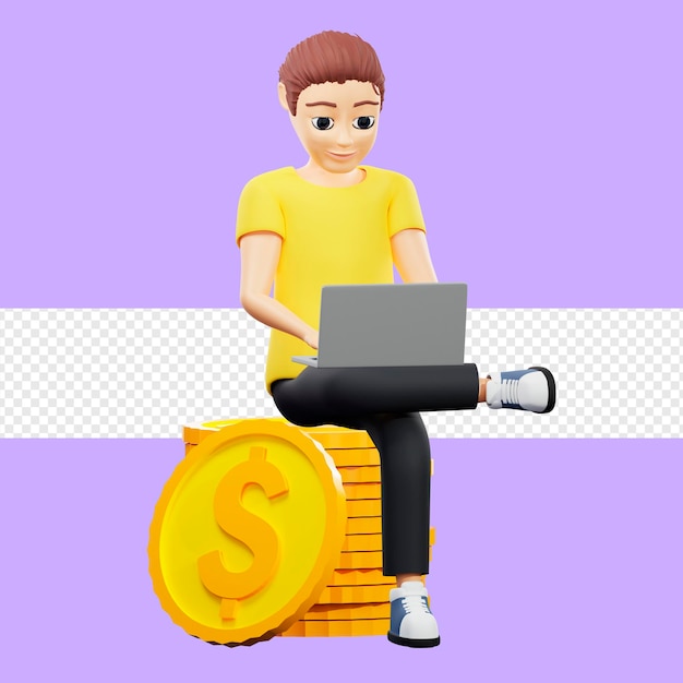 Rasterillustratie van een man die op een stapel munten zit met een laptop Jonge man in een geel t-shirt inkomsten op internet ontvangt salaris investeert in cryptocurrency-deposito's winst 3D-rendering