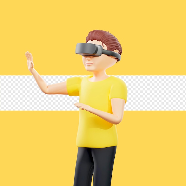 Rasterillustratie van een man met een zwarte virtual reality-bril Jonge man in een gele t-shirt augmented reality metaverse vr-helm holografisch computerspel gamer 3d render artwork