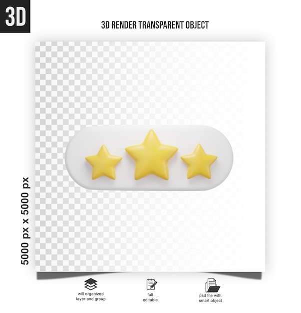 PSD rating stars icon for review product realistic three glossy stars yellow and white colors 3d render