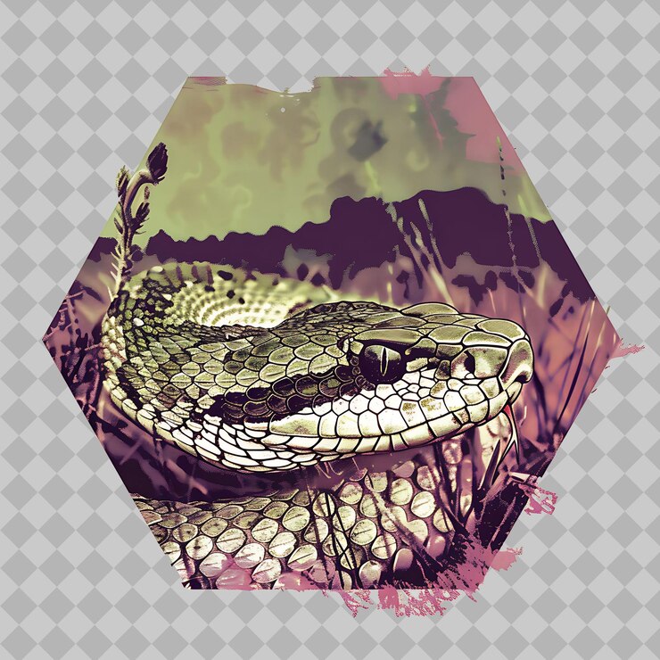 PSD rattlesnake animal inside a silhouette hexagon grass adorned png watercolor animal designs