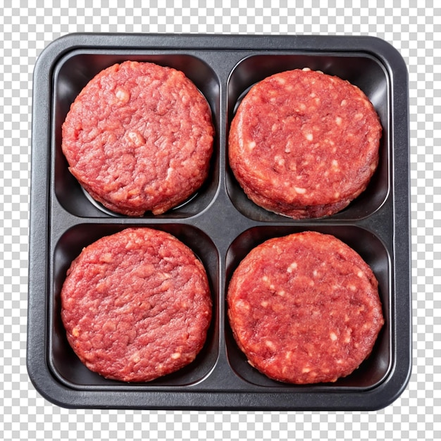 Rauwe verse rundvleesburgers in een zwarte plastic dienblad met een geïsoleerde witte achtergrond